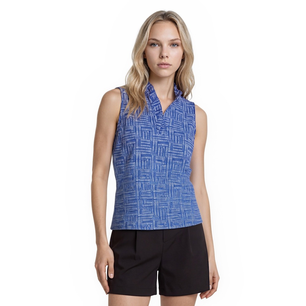 J.McLaughlin Sleeveless Ruffle Top Women's Size Large Blue Geometric Golf